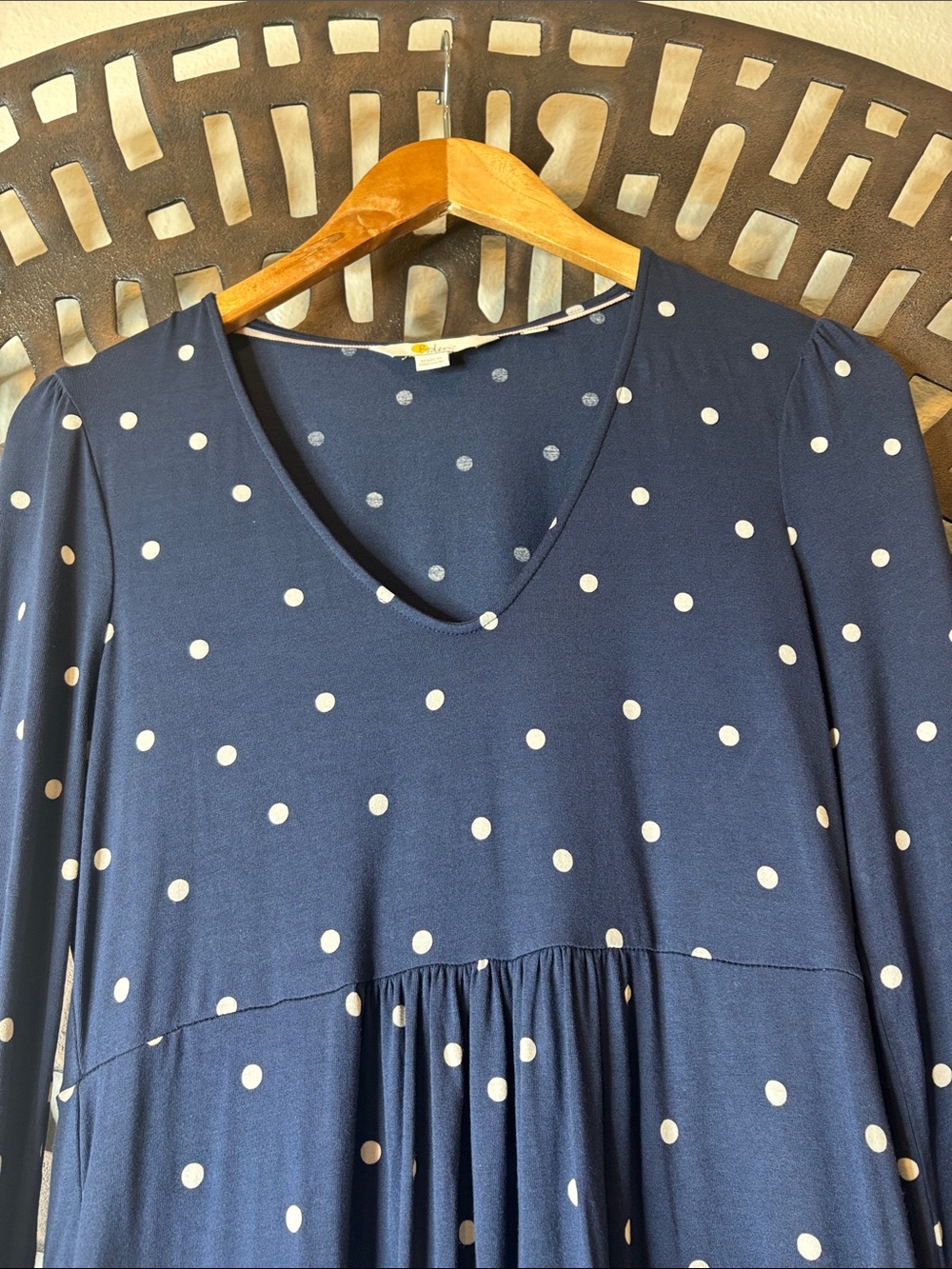 💙Boden Navy Blue Polka Dot V-Neck Dress Petite 4P Stretch Long Sleeve Flowy💙 - Picture 2 of 11